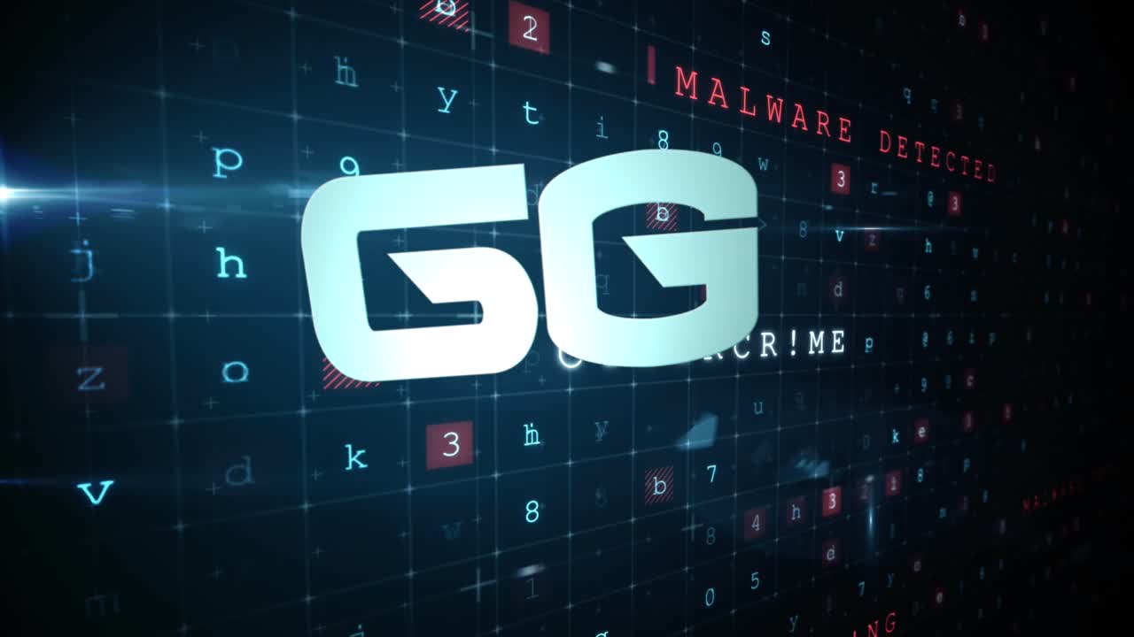 animación de texto de 6g en azul sobre advertencia de ataque cibernético y dígitos que cambian en el fondo