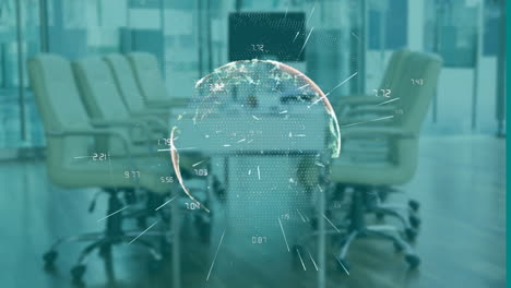 animating global data analytics over empty office conference room