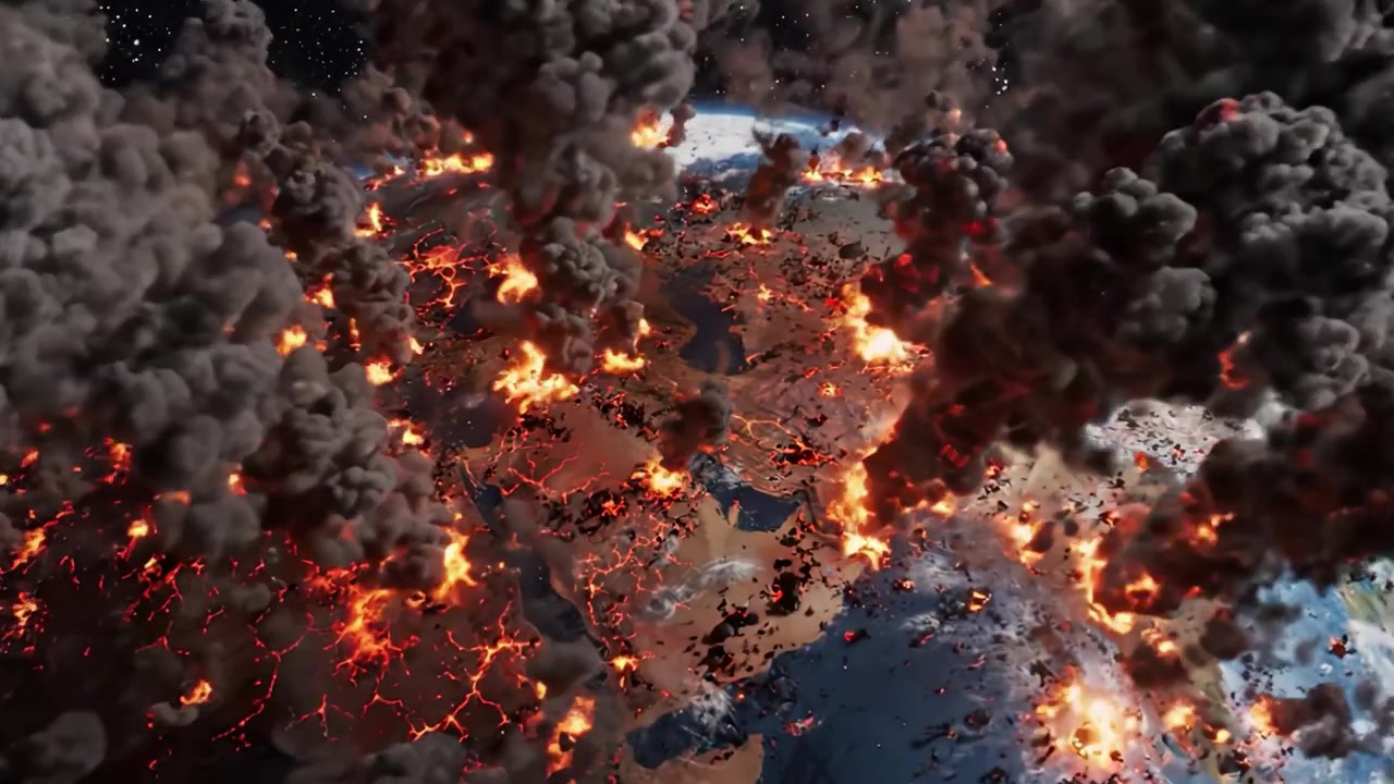 A Catastrophic Event Unfolds as Earth Faces Devastating Explosions and Eruptions, Shrouded in Smoke and Flames Against a Cosmic Backdrop