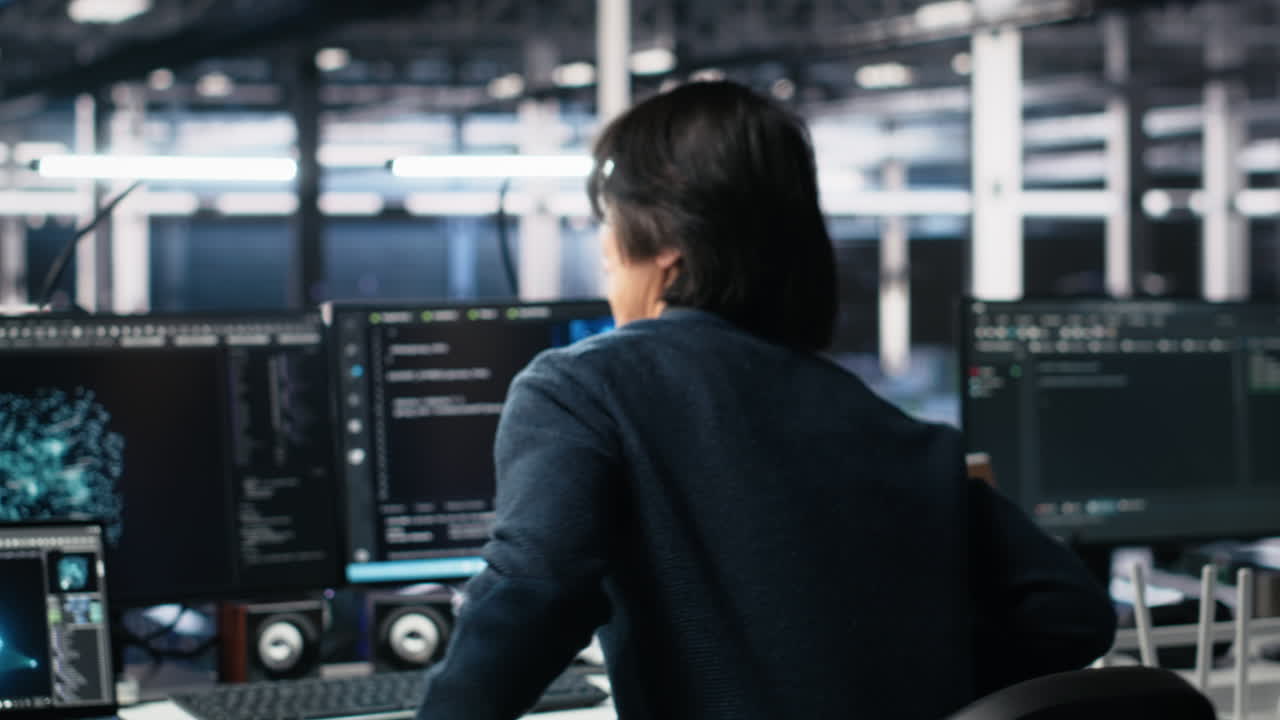 Software Developer Entering Server Room Office, Using Ai