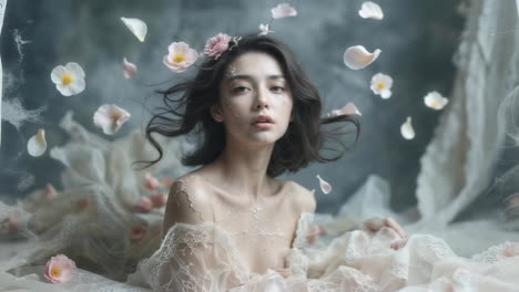 ethereal woman with falling petals and lace