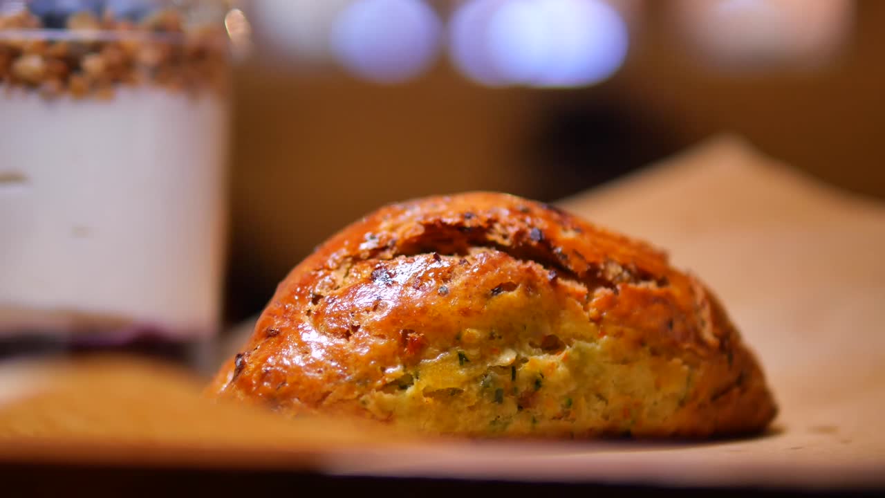 Blurred view of a yogurt parfait