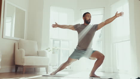 fitness, yoga and stretching with man in living