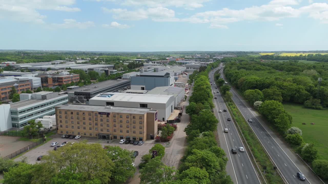 Aerial drone view of warehouses and industrial units near Stevenage England in the logistics sector