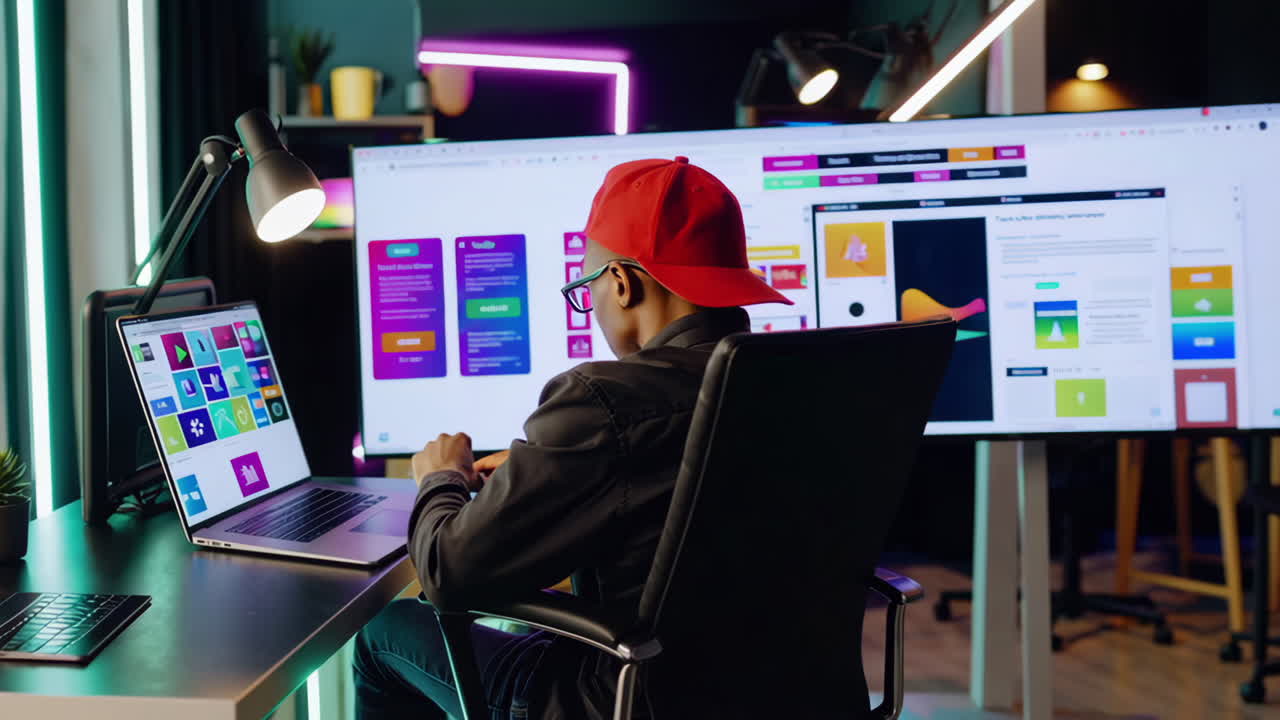 Designer working on laptop and large screens