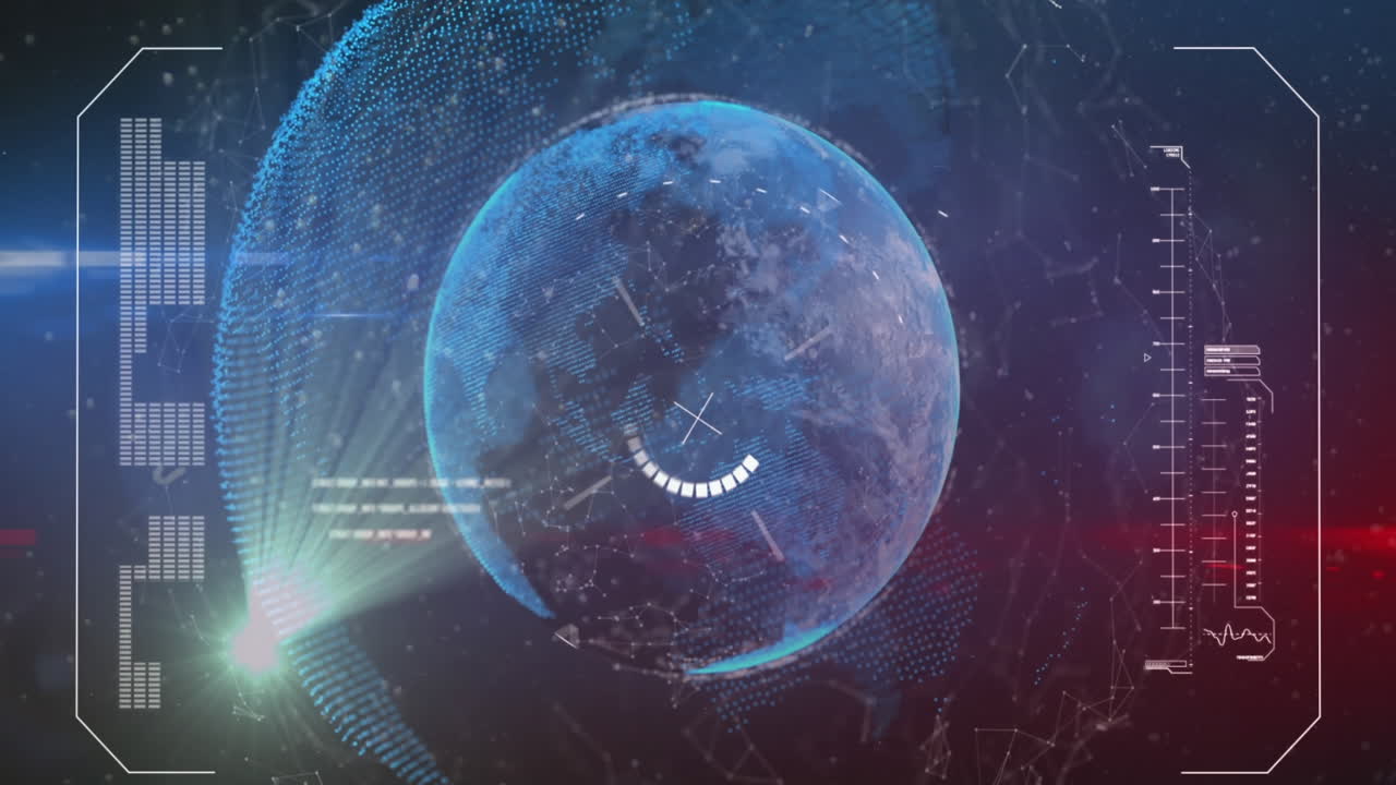 컴퓨터 언어로 연결된 점과 디스플레이 스크린을 가진 지구의 애니메이션