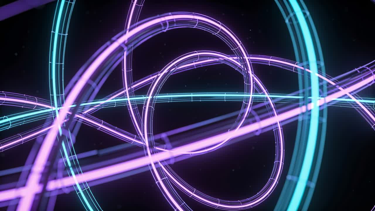 Anelli al neon rotanti si intrecciano in un vuoto 3D mentre i frame avanzano, mostrando una fascia ciano e un wireframe.