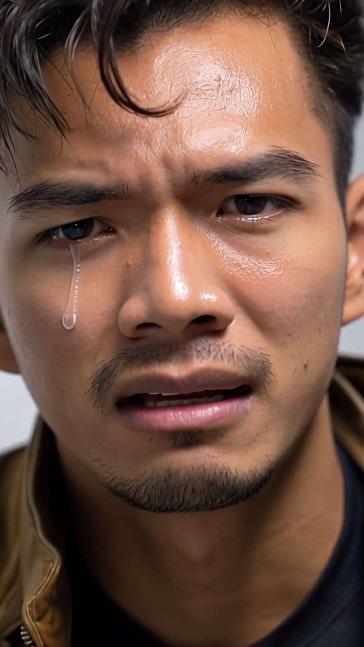 Pria muda menutupi wajah dengan tangan, air mata mengalir deras. Ekspresinya menunjukkan kesedihan dan kepedihan yang mendalam. Bidikan close-up menangkap emosi mentah dengan intensitas emosional. Ideal untuk cerita tentang duka.