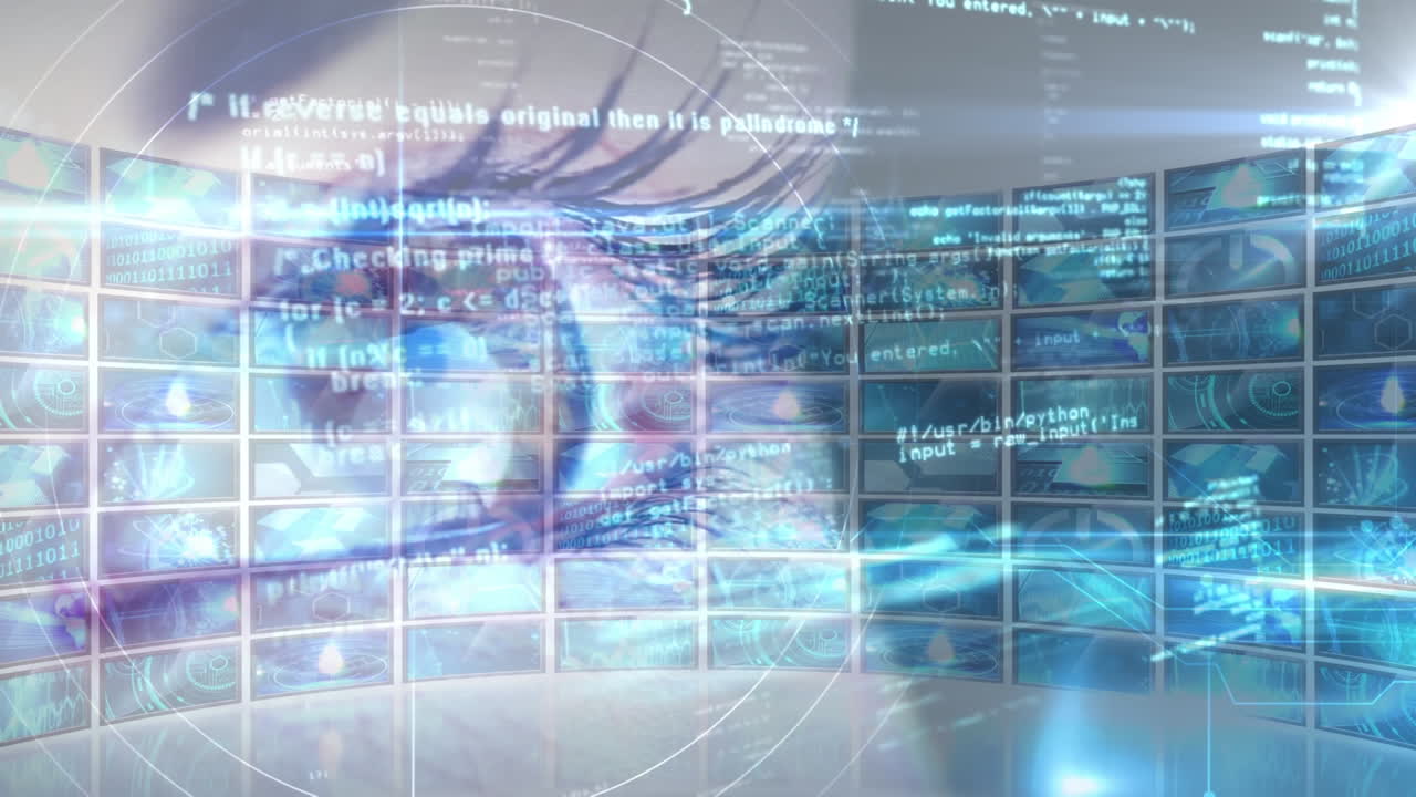 animazione di un occhio umano con dati e informazioni che si muovono su più schermi