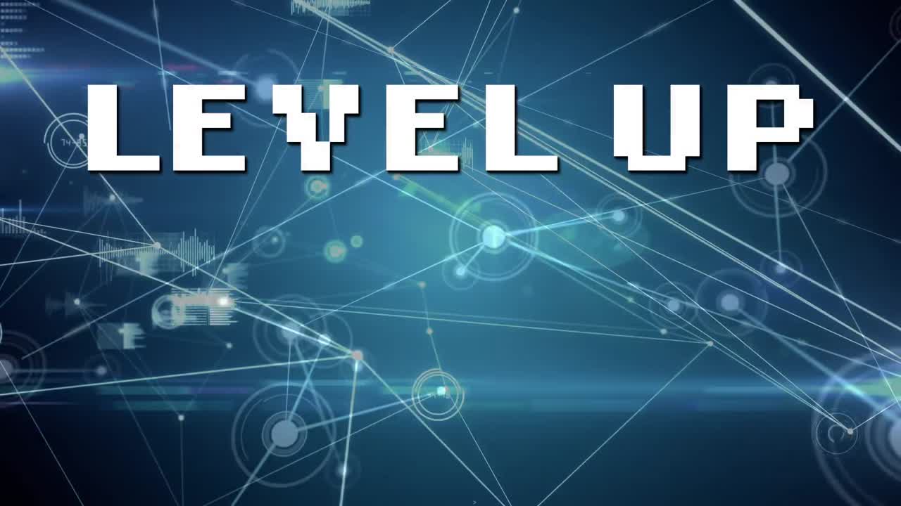 데이터 처리의 애니메이션과 파란색 배경의 레벨 업 텍스트