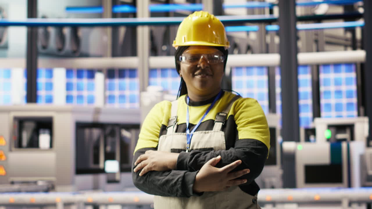 Vertical video Portrait of smiling technician in industrial plant working to diagnose equipment