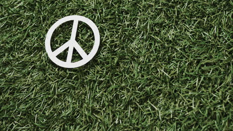 close up de un signo de paz blanco con espacio de copia en el fondo de hierba