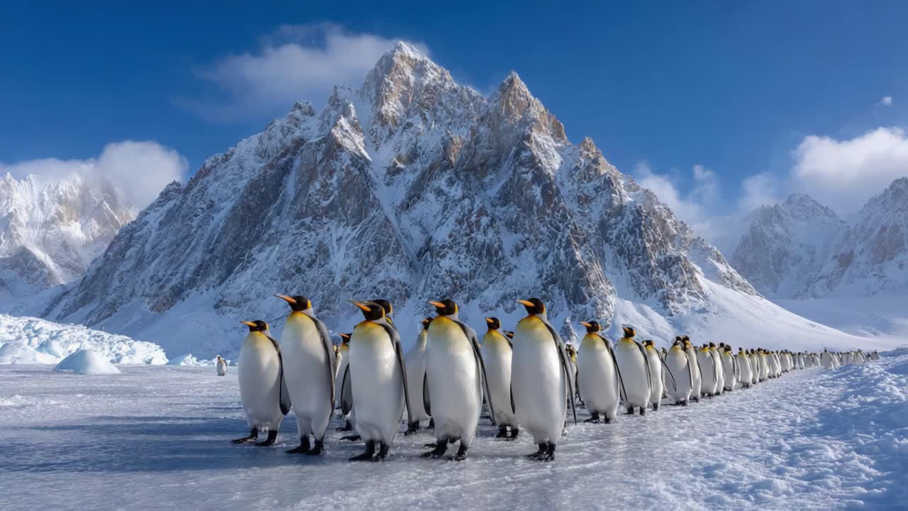 A majestic line of emperor penguins marching across the icy landscape, framed by snow-capped mountains and a brilliant blue sky, showcasing the beauty of wildlife in extreme conditions