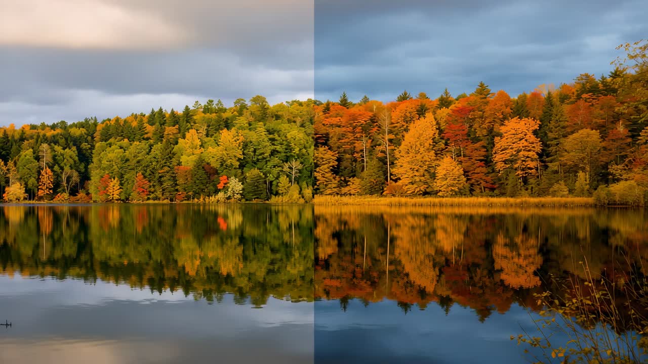 Morning light brightening over forest at lakeshore, water reflecting autumn hues under overcast sky