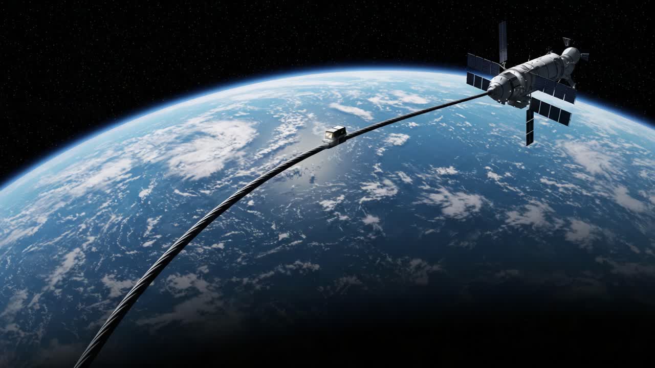 A Stunning Space View of a Satellite Orbiting Earth, Connected by a Long Cable, Showcasing the Beauty and Technology of Outer Space Exploration