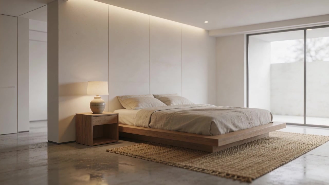 La telecamera panoramica rivela un letto basso nella camera da letto principale, mostrando una lampada da comodino e una porta scorrevole.