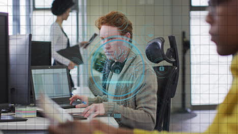 in school, animation of digital security overlay on computer screen with man working