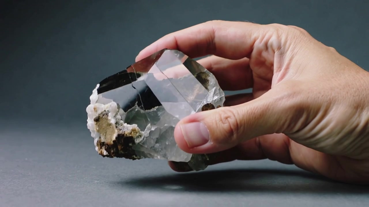 Picking up, adult hand rotating and tilting quartz on brown matrix on grey table inspecting clarity