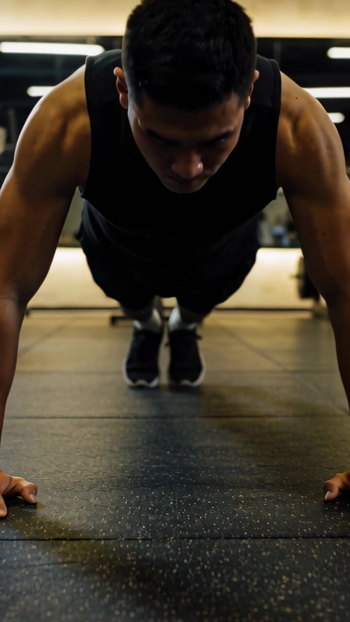 Vertical video: Starting man doing pushups on rubber mat facing mirror in black tank for strength
