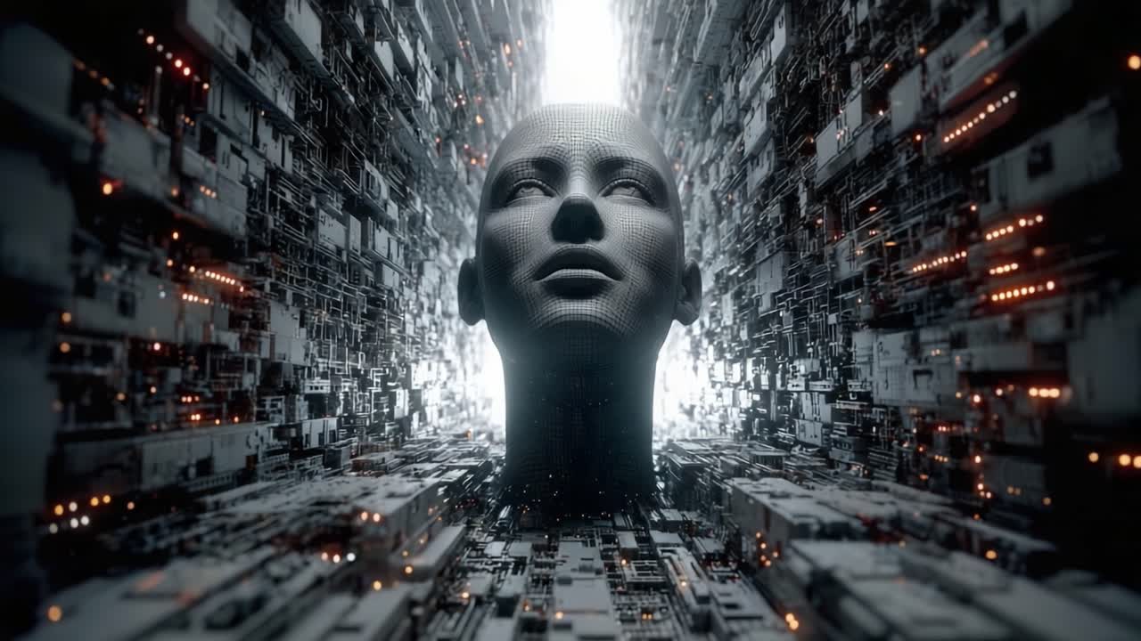 Explorando as Profundezas da Inteligência Artificial: Uma Jornada Surreal Através de um Abismo Digital com um Rosto Marcante Semelhante ao Humano no Centro da Fusão Tecnológica