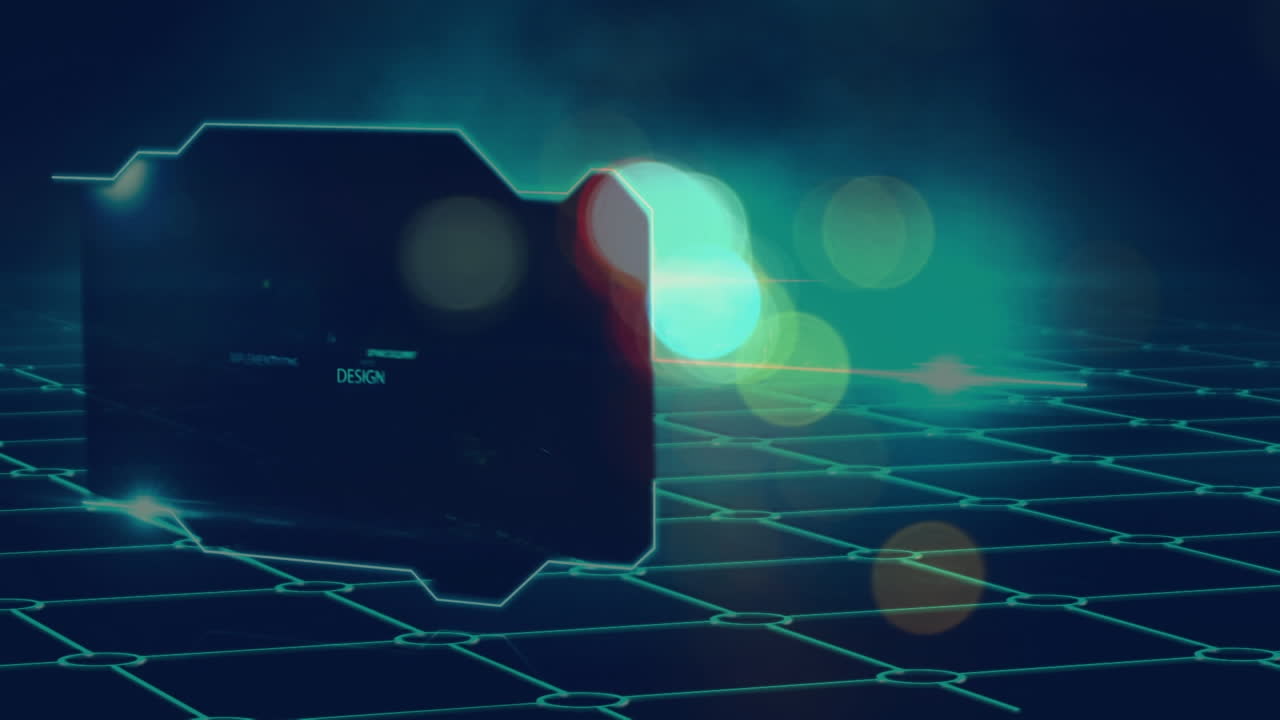 Animation of data processing and technology icons over light spots