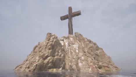 a large wooden cross standing upon a large cliff in the middle of the sea, with rain falling, 3d animation with static camera