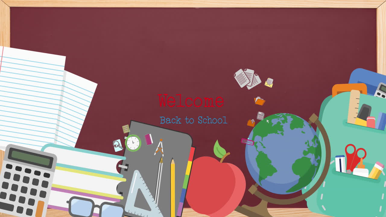 анимация приветственного текста "возвращение в школу" над значками школьных предметов