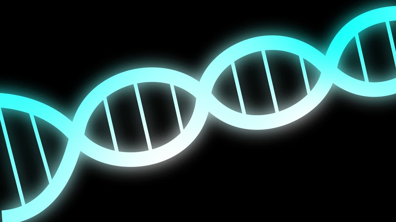 animación con una espiral de adn de neón giratoria en una pantalla negra.