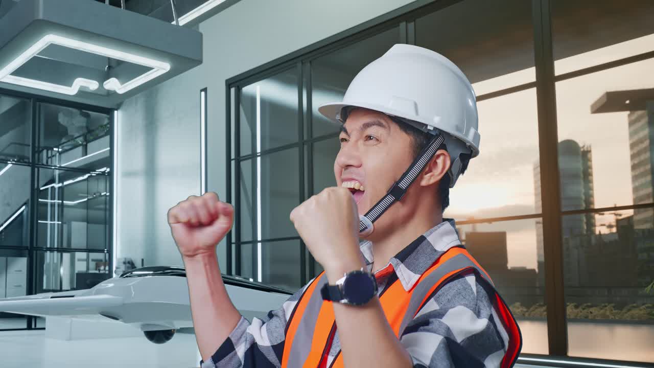 안전 헬을 입은 아시아 남성 엔지니어가 드론 프로젝트를 축하하는 골을 비명을 지르고 있습니다.