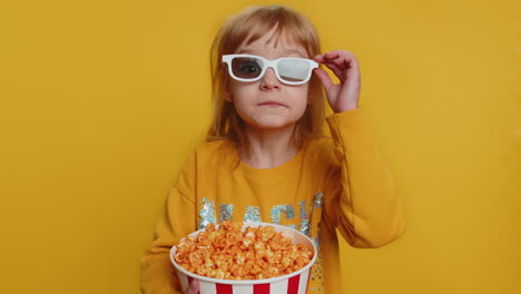 excited child girl kid eating popcorn, watch tv serial, sport game, film, online social media movie