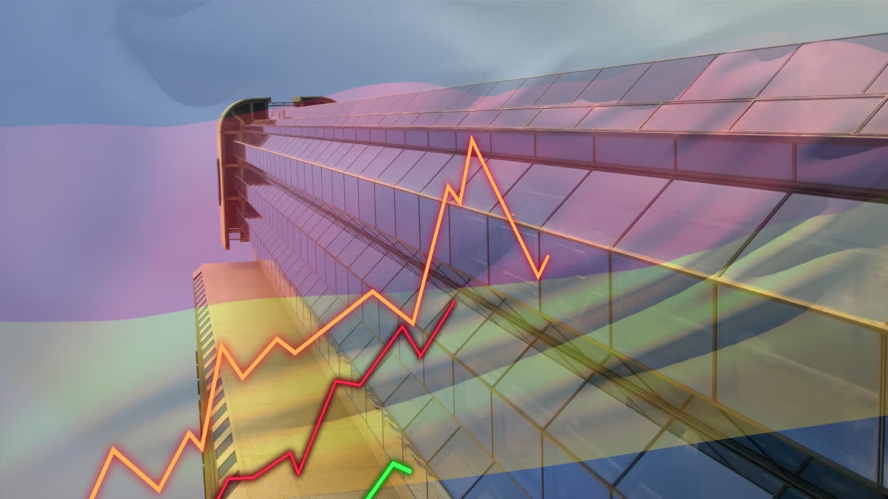 animación de diagramas, procesamiento de datos y bandera de alemania sobre edificios