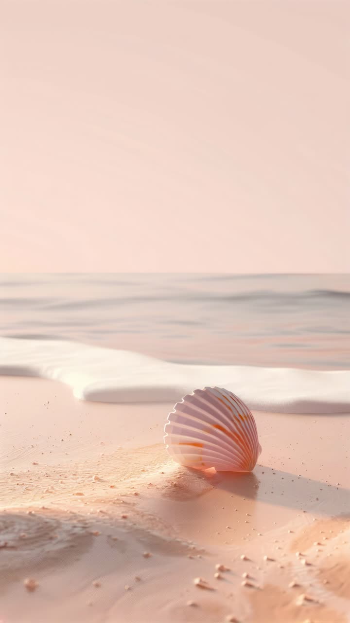 A serene beach scene with a seashell on the sand, captured from a low angle