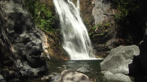 Panup-Of-A-Waterfall-Flowing-Into-A-Reflecting-Pool-In-Big-Sur-California