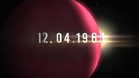 12.04.1961 with gold stars and red planet in dark galaxy