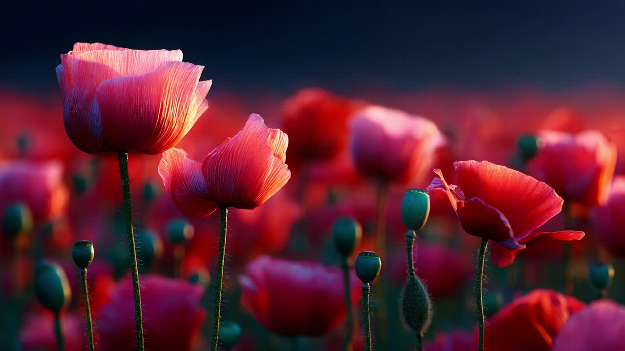 A Stunning Display of Poppies: Vibrant Red Petals Amidst a Dreamy Landscape, Showcasing Nature's Beauty and Perfectly Capturing the Essence of Floral Serenity and Peacefulness
