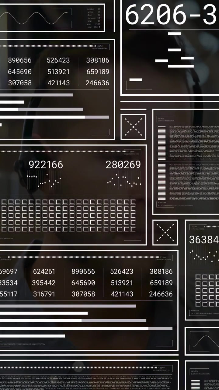 Vertical video: Support rep taking call speaking tapping mic while HUDs overlaying updating charts