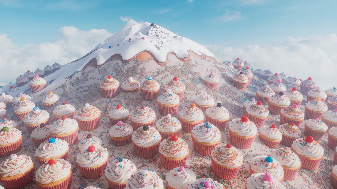 Pastayla kaplı yamacın üzerinde kümelenmiş süslü cupcake’leri ortaya çıkaran yatay kamera hareketi, pasta dağının zirvesini gösteriyor