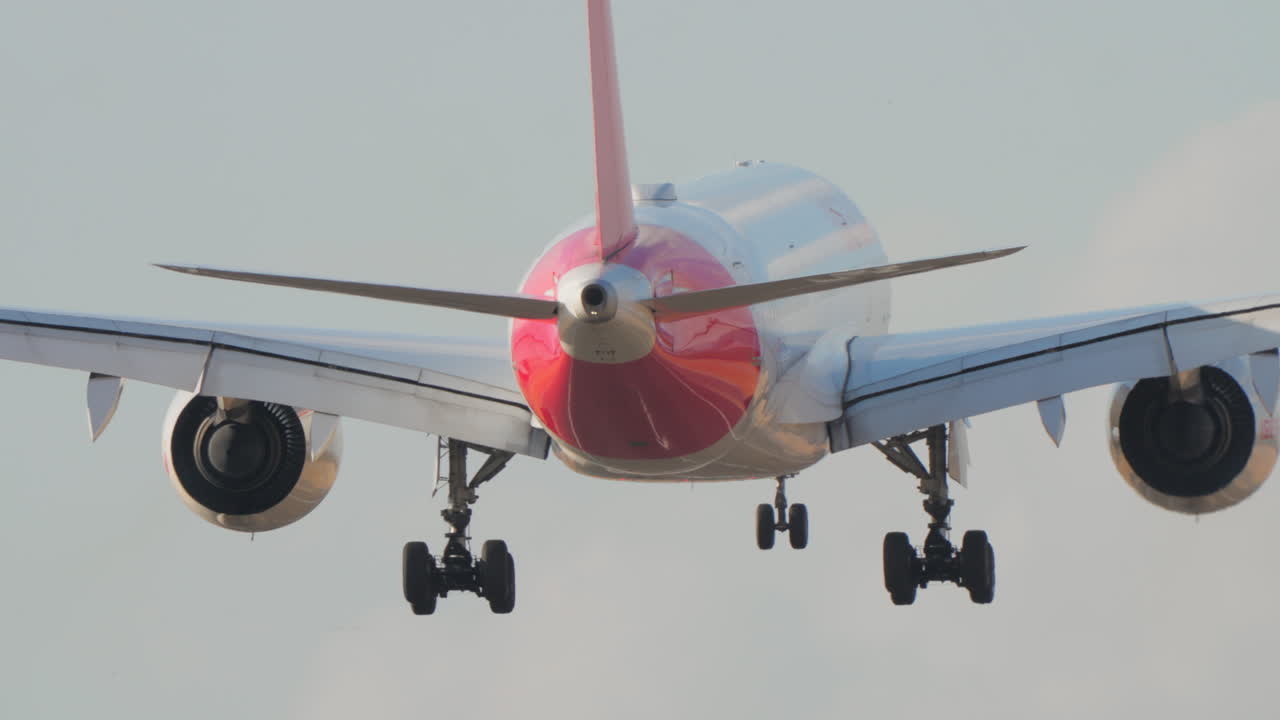 Grande aereo passeggeri con carrello di atterraggio abbassato in avvicinamento per l'atterraggio