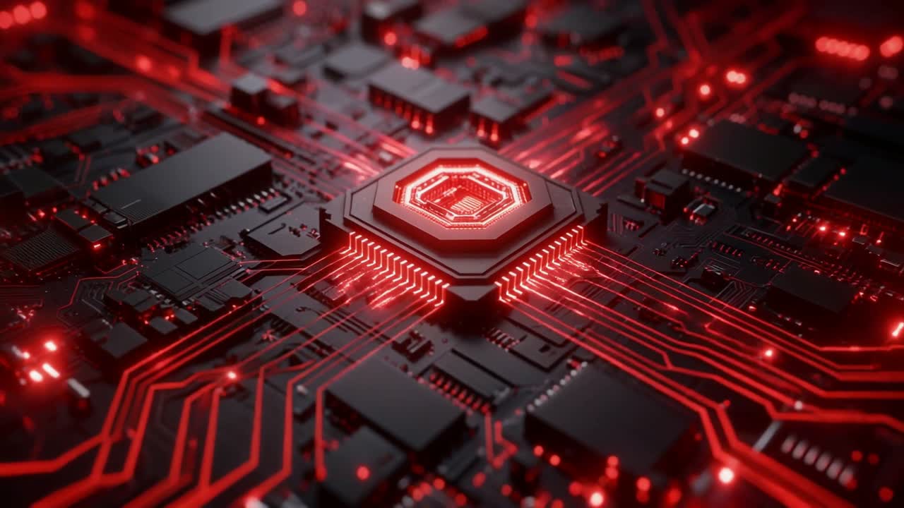 Futuristisk printkort med en rødglødende processor