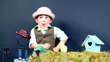 village, stylishly dressed cute little boy playing with ducklings and chickens, studio video with thematic decor