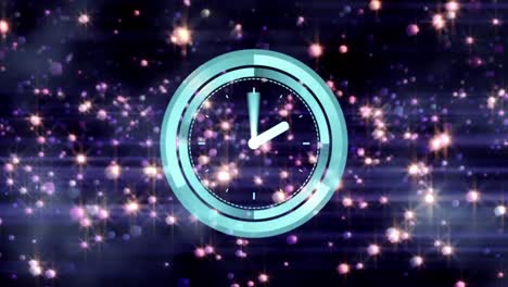 Animation-of-clock-with-moving-hands-over-glowing-stars-on-black-background