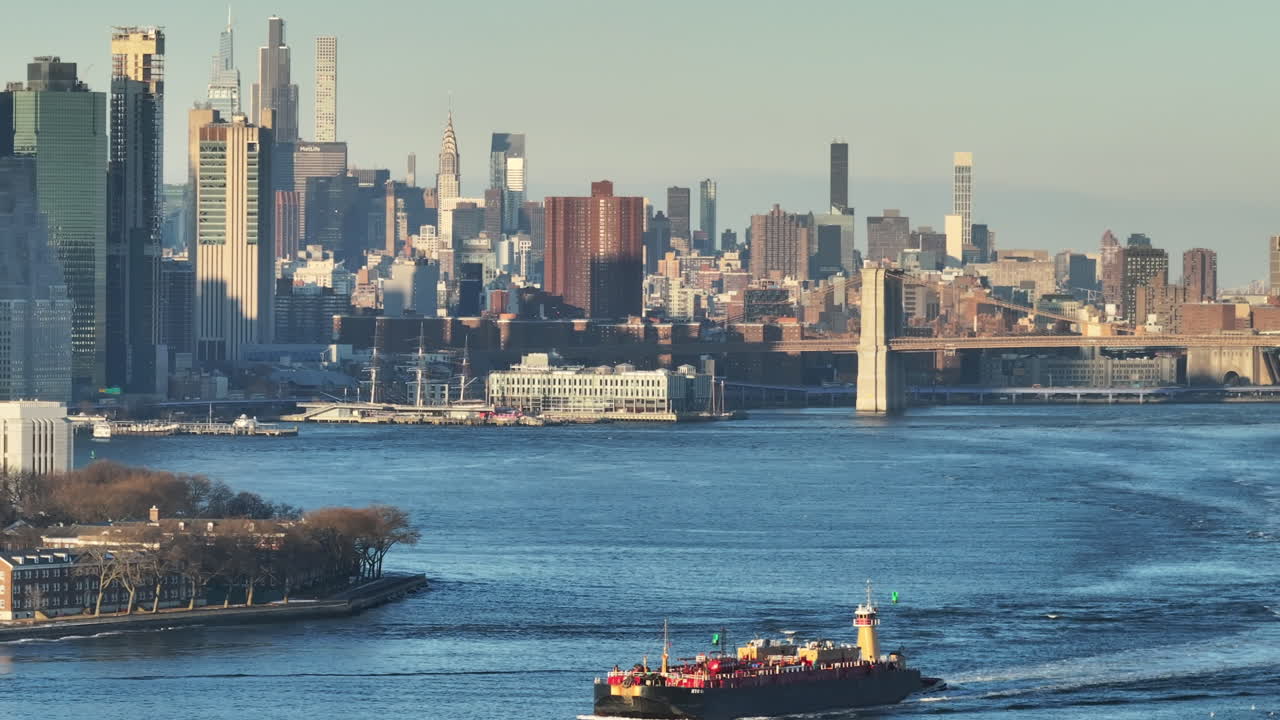 Aerial view of New York City on a winter afternoon. Shot in Red Hook, Brooklyn.
