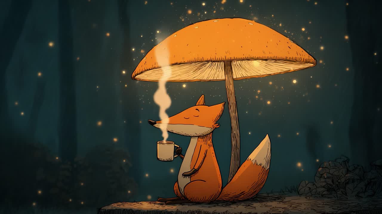 En finurlig ræv nyder et hyggeligt øjeblik under en livlig orange svamp, hvor den nipper til en varm drik, mens den er omgivet af en magisk, glødende atmosfære i en rolig skov.
