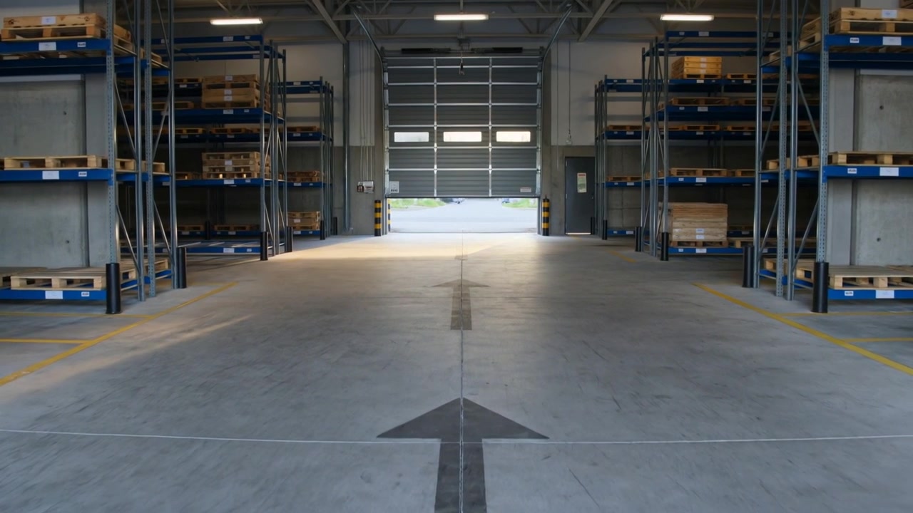 Opening roll-up door revealing exterior light while warehouse aisle arrow and racking brightening