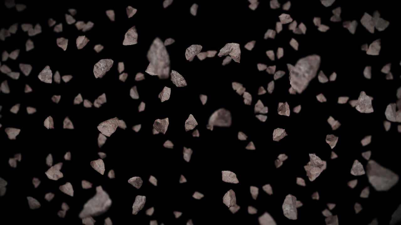 검은 바탕에 많은 바위 돌을 날아. 깨진 스플래시 폭발. 도전 개념. 돌 스플래쉬 회전의 3d 애니메이션. 루프 애니메이션.