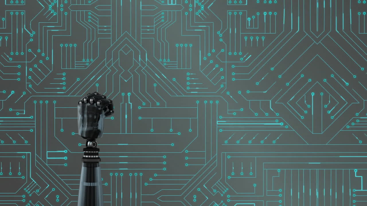 mano del robot e scheda a circuiti luminosi