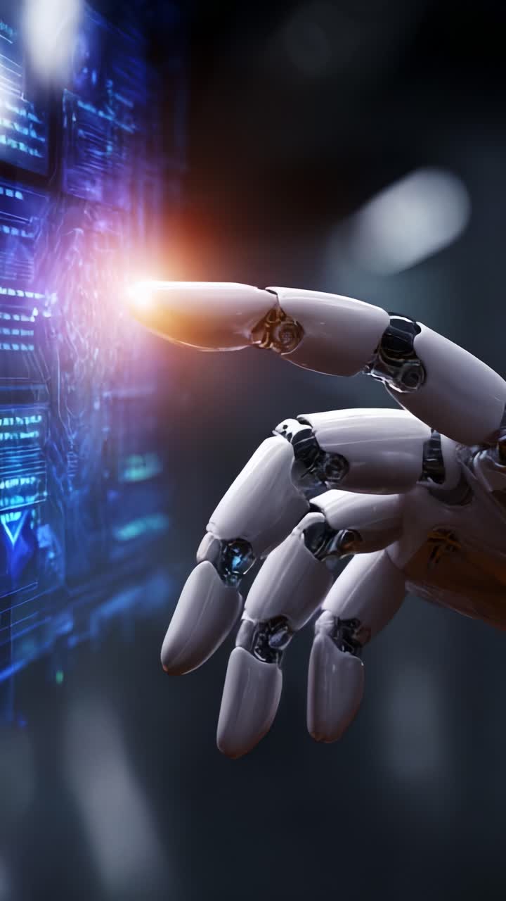 Futuristic Robot Hand Interacting with a High-Tech Display: A Close-Up ...