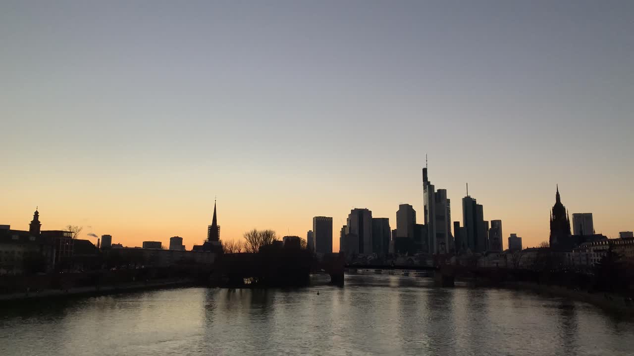 Frankfurt Skyline Zonsondergang Timelapse, FFM Duitsland