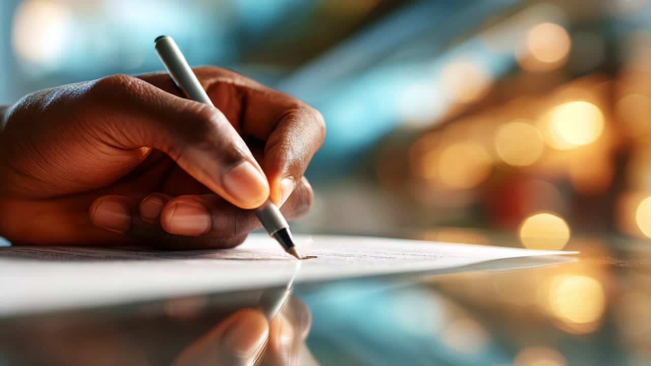 Focused Hand Writing with a Pen on Paper, Capturing the Artistic Detail of Calligraphy and Reflection in a Softly Lit Background, Creating an Atmosphere of Creativity and Engagement