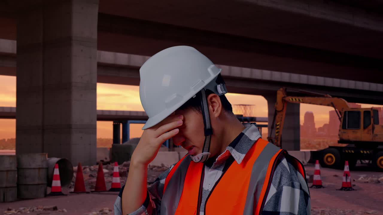 Close Up Side View Of Asian Male Engineer With Safety Helmet Having A ...